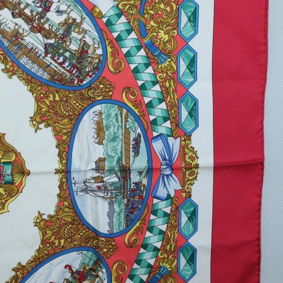 HERMES Carre 90 Scarf ""LENTENTE CORDIALE"" Silk Red White Auth - Picture 11 of 16